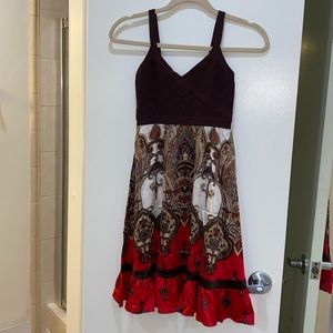 Bebe Brown Paisley Print Silk Dress Fitted Bodice